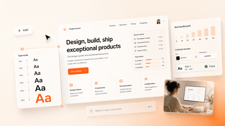 Visual hierarchy in UI design, a clear screen with type scale, grid, and contrast, in brand colors